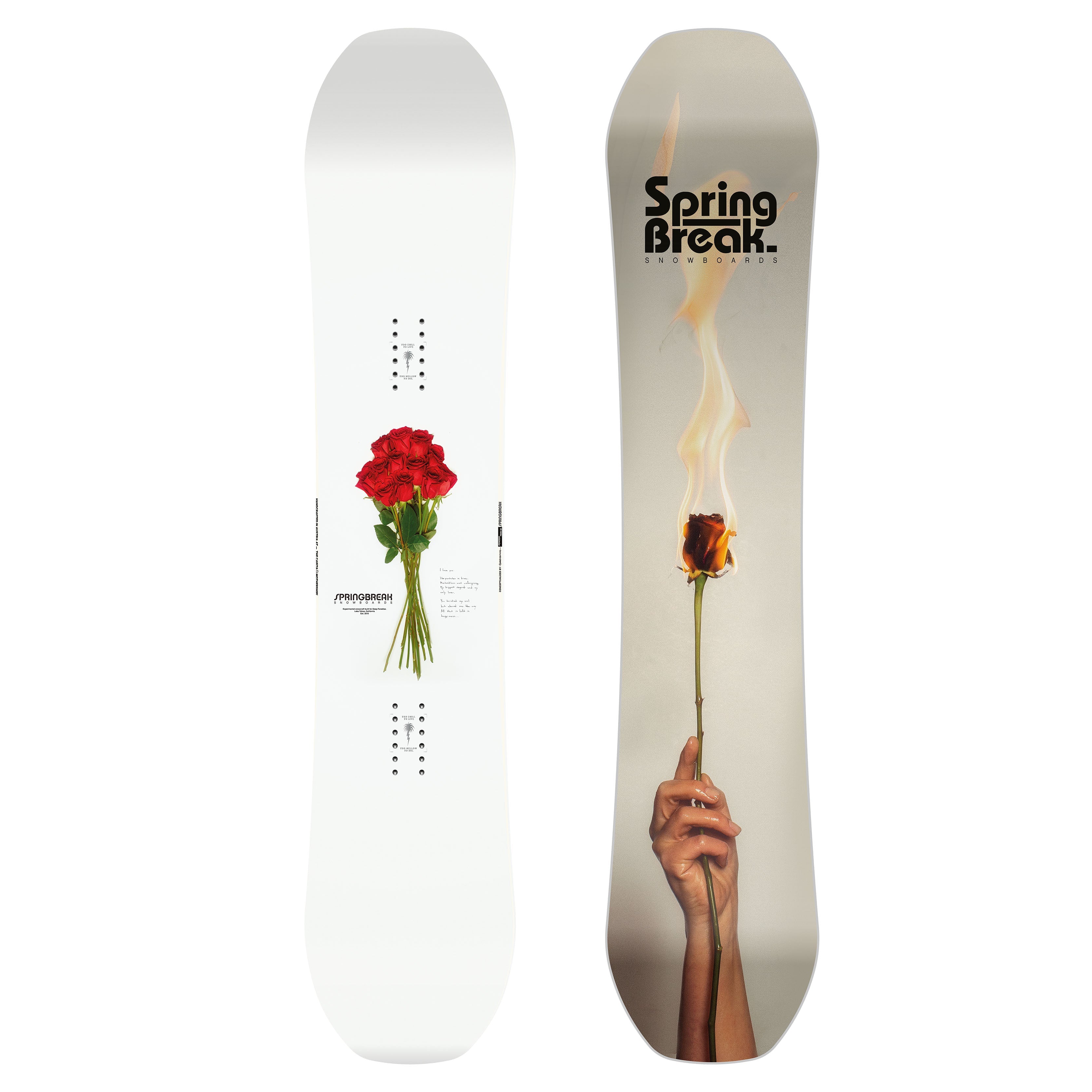 SPRING BREAK – POWDER TWIN 24/25 snowboard with floral and flaming rose design.