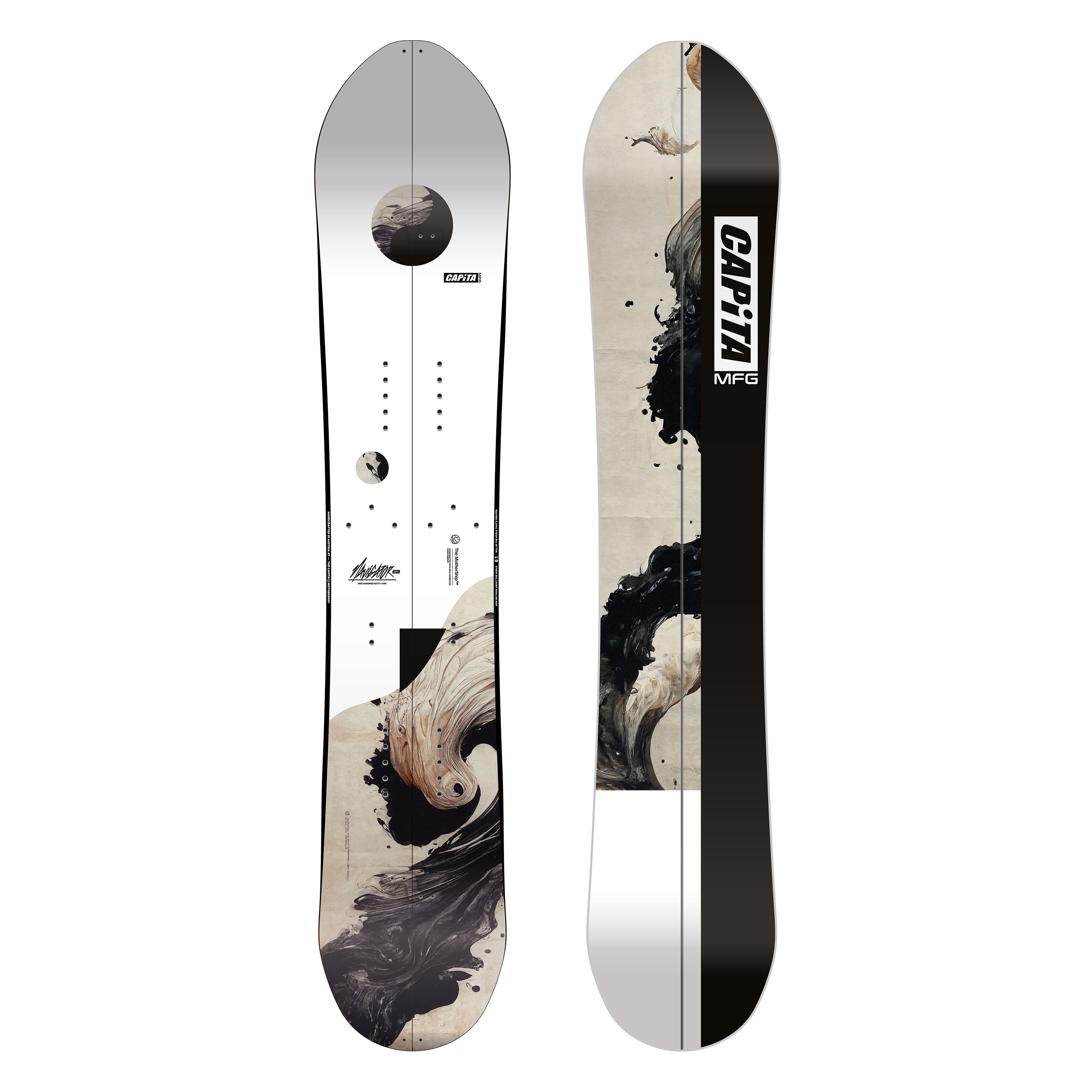 NAVIGATOR SPLIT 24/25 snowboard with hybrid camber for powder and resort, featuring directional design and unique graphics.