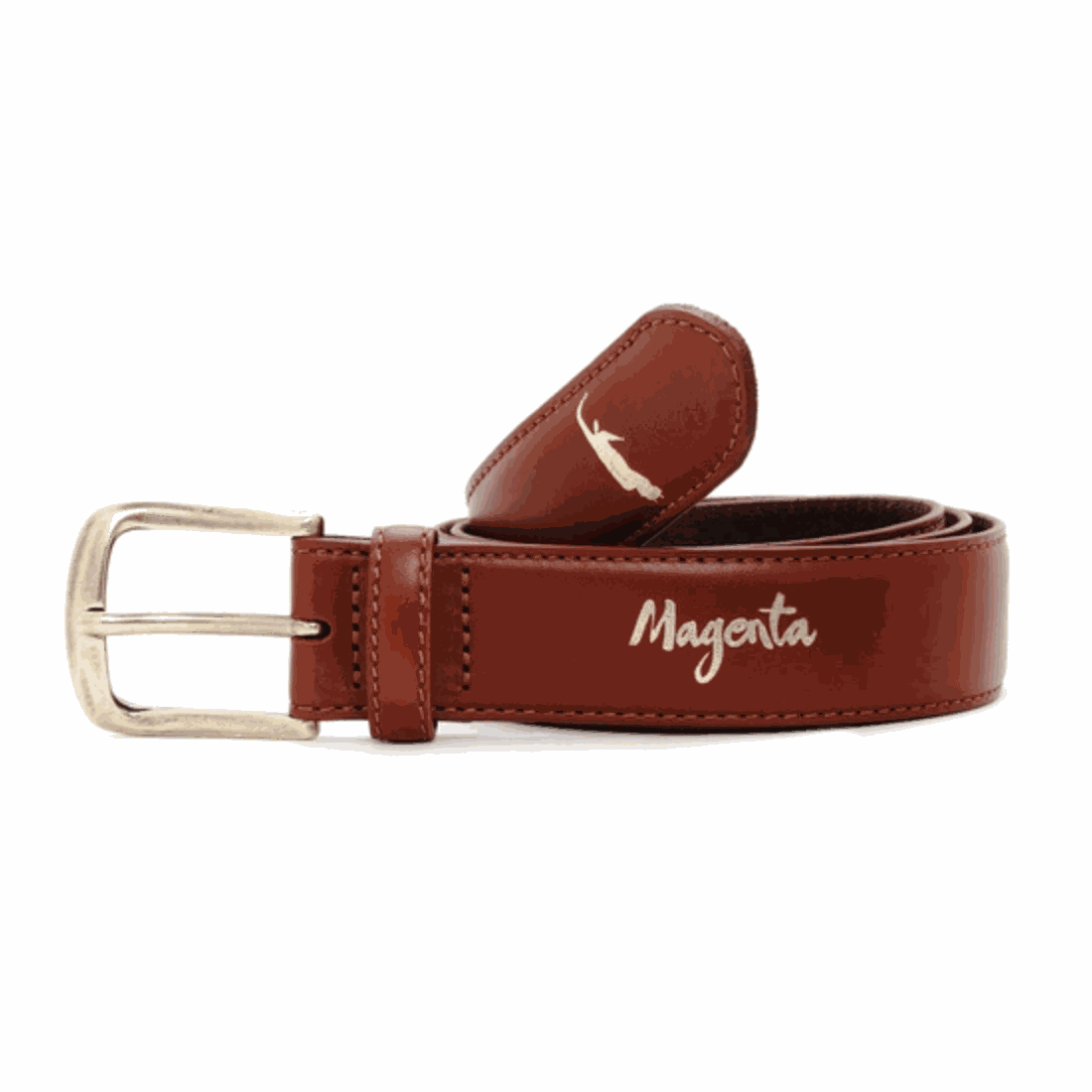 Brown leather PWS Belt with silver buckle and logo.