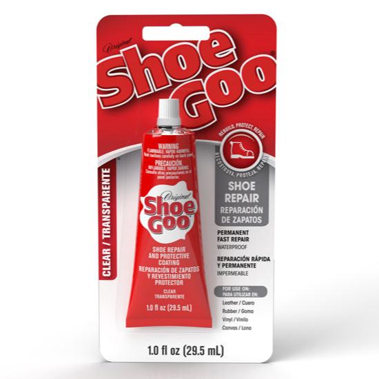 Shoe Goo adhesive packaging for shoe repair.