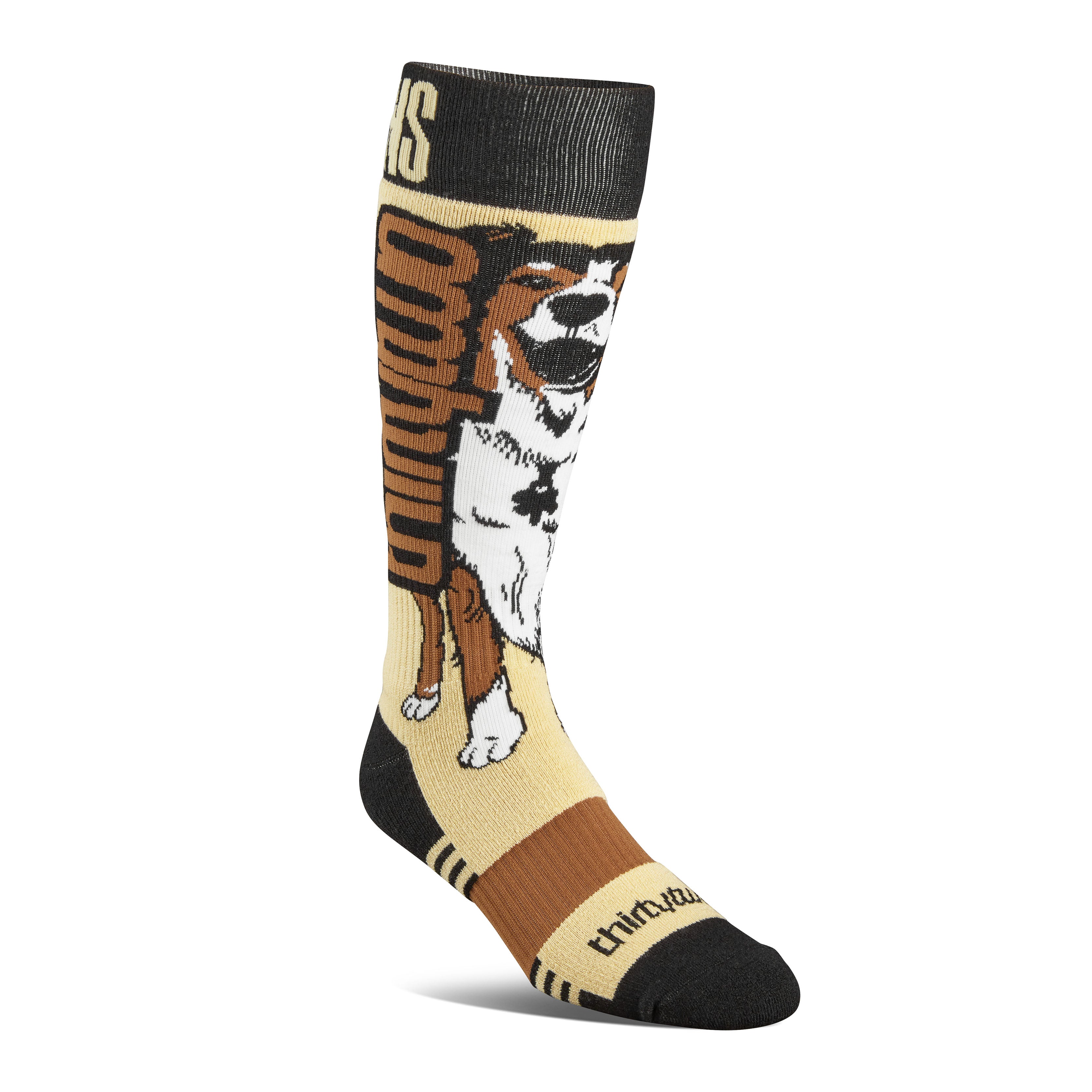 Signature Merino Sock with black and brown design featuring a playful dog graphic; midweight merino wool blend with advanced fit and cushioning.