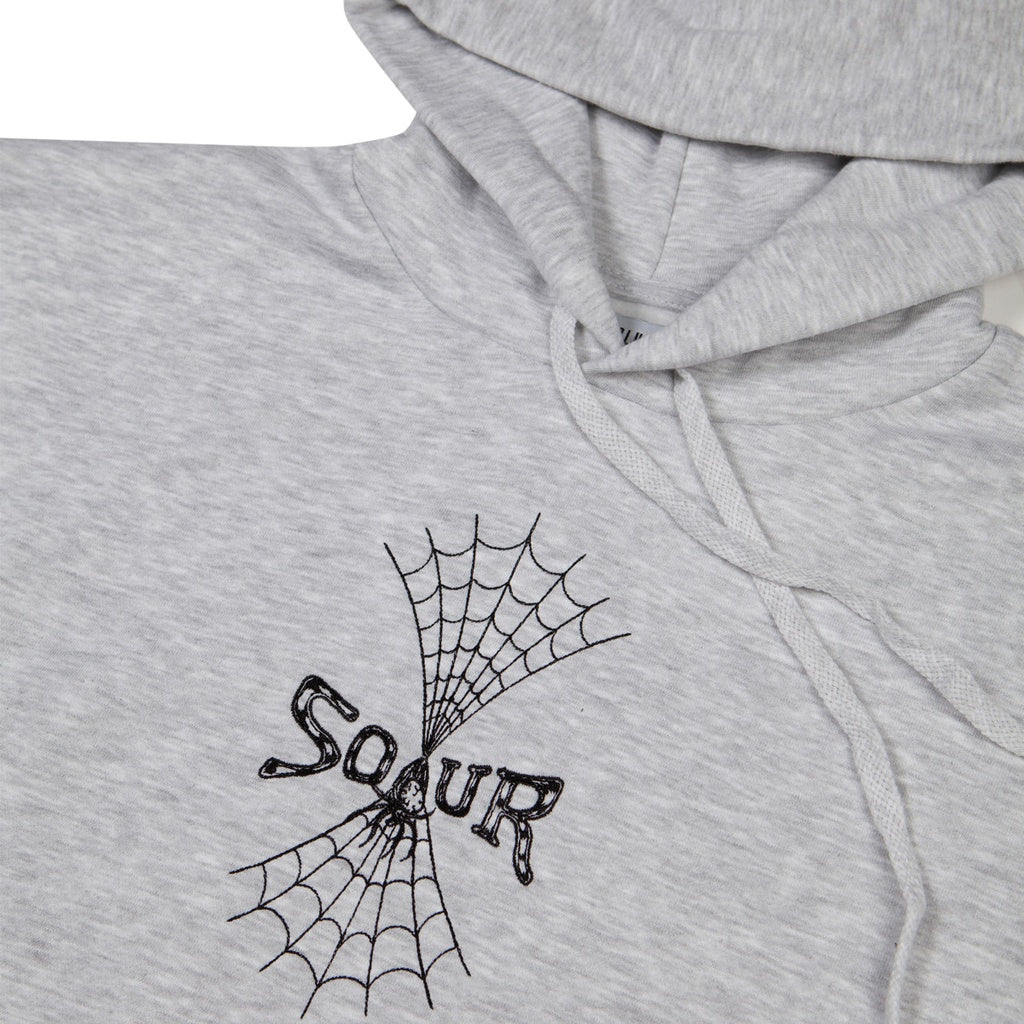 Unisex grey hooded sweatshirt with "SOUR" and web design, made in Spain, cotton and polyester blend.