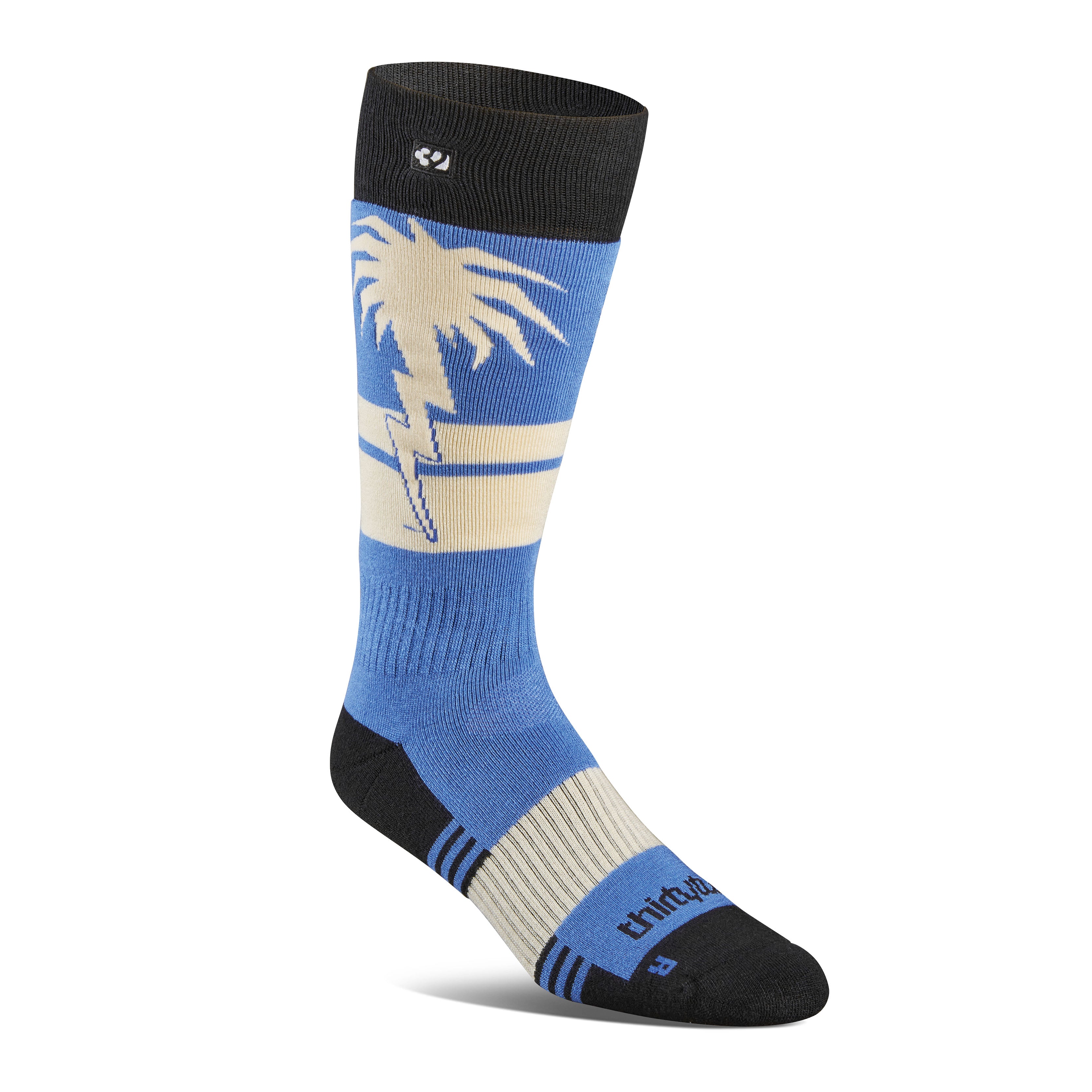 Blue and black Spring Break Sock with palm tree design, midweight acrylic blend, featuring snug fit heel and arch support.