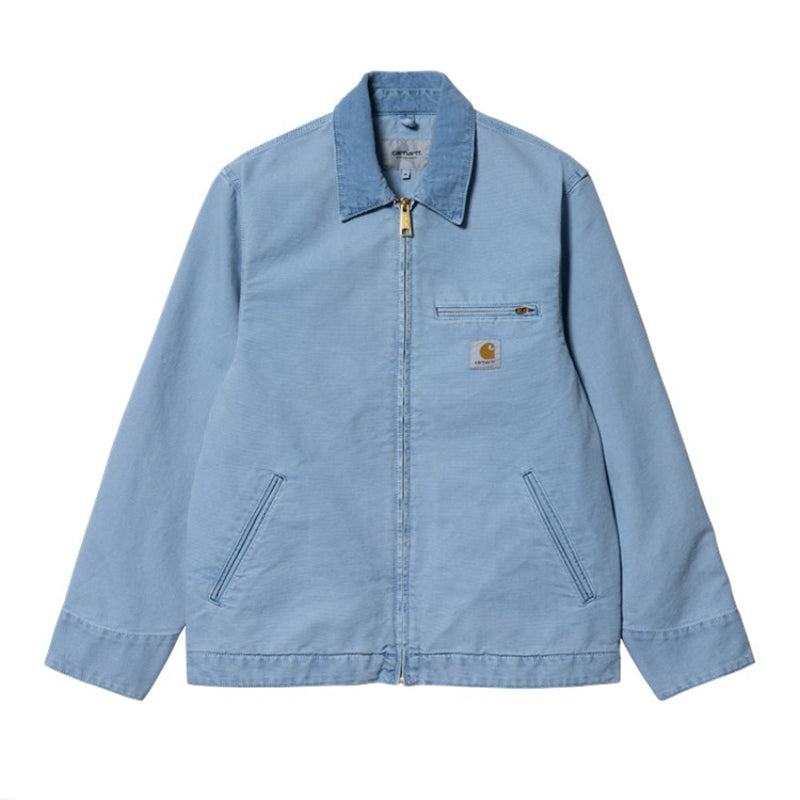 Blue Carhartt "DETROIT JKT" made from 100% organic cotton 'Dearborn' canvas with zip closure and corduroy collar.