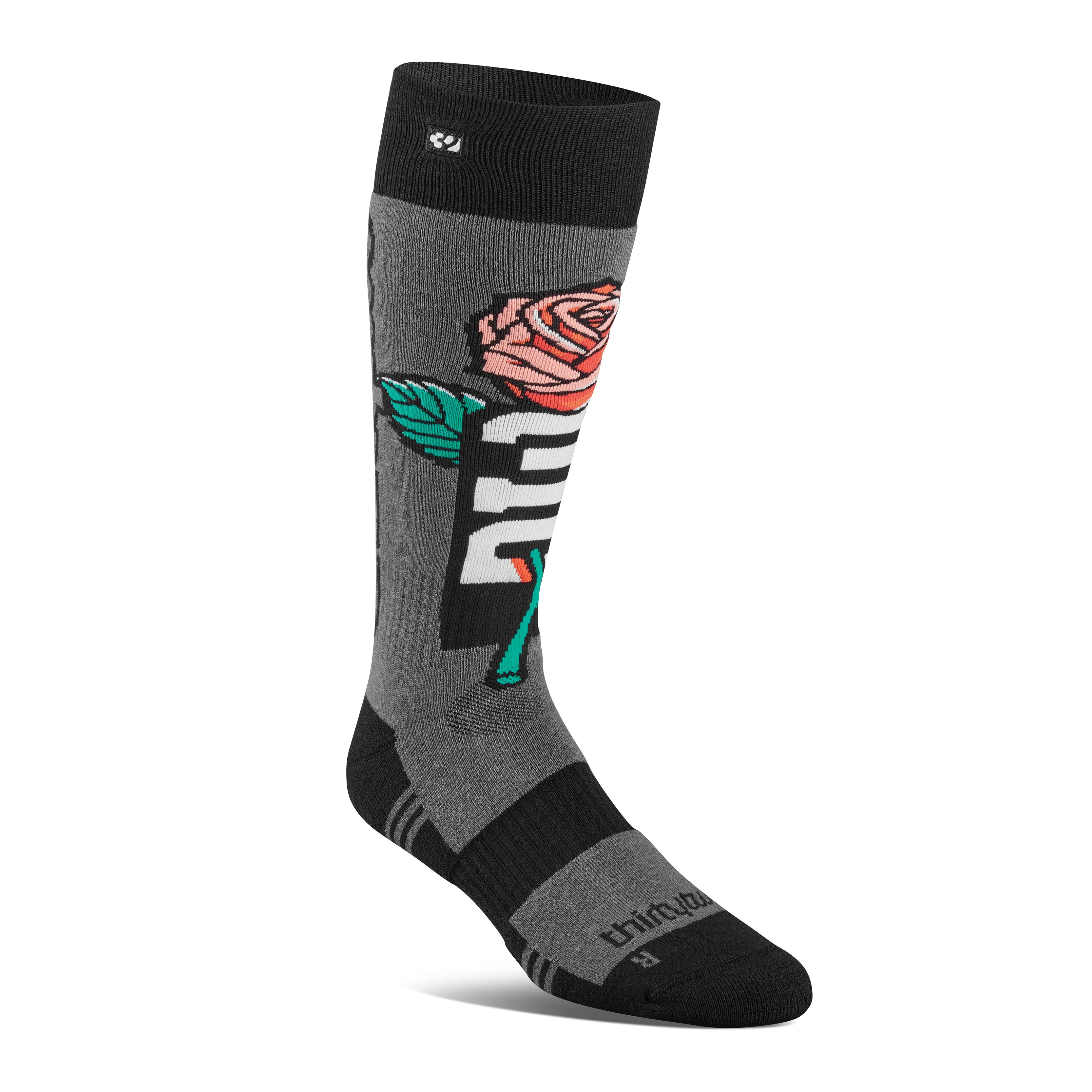 Black and charcoal midweight Tm Merino Sock with ASI fit and rose graphic on the side.