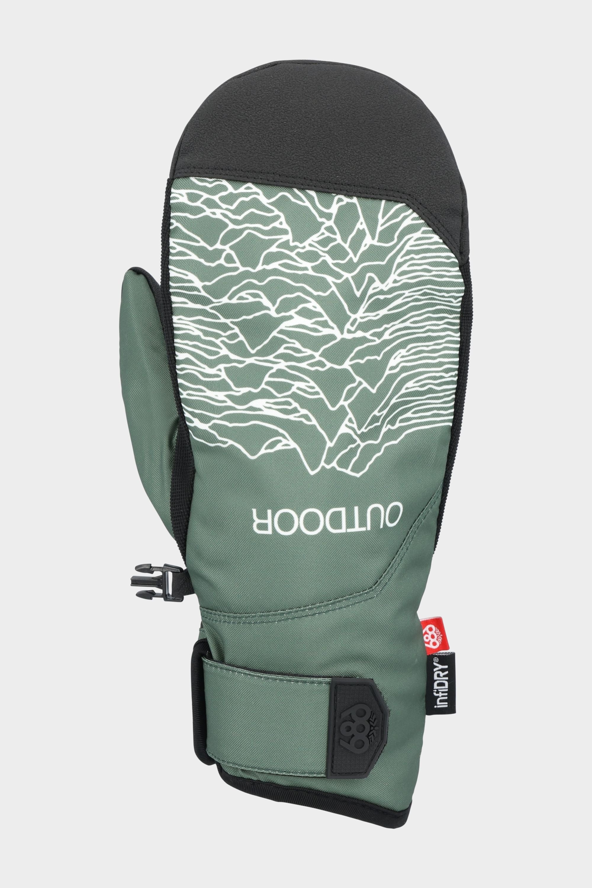 Green and black Primer Mitt with mountain design and Velcro closure.