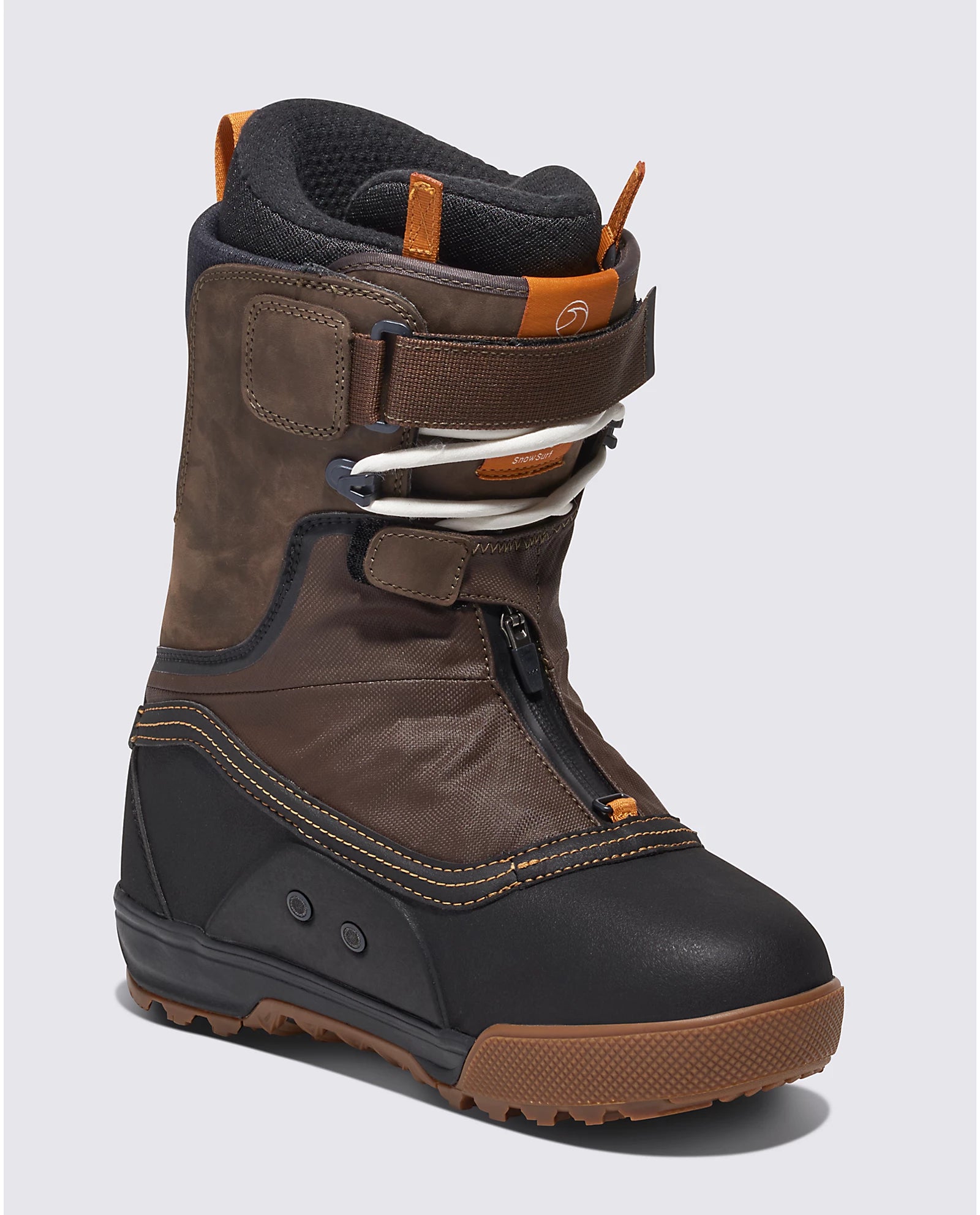 Vans Infuse SnowSurf snowboard boot with brown leather and black accents, designed for all-mountain versatility and performance.