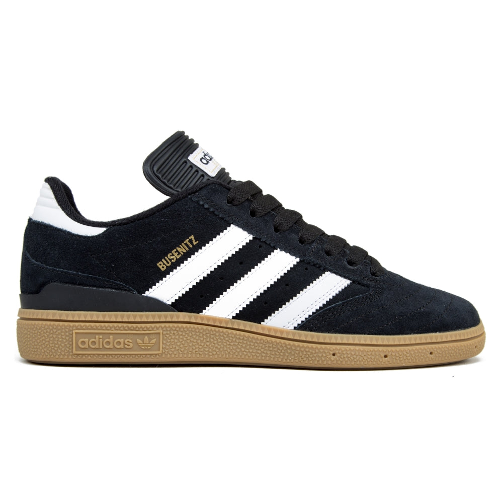 Adidas Busenitz skate shoe with GEOFIT collar, black suede upper, and gum sole.