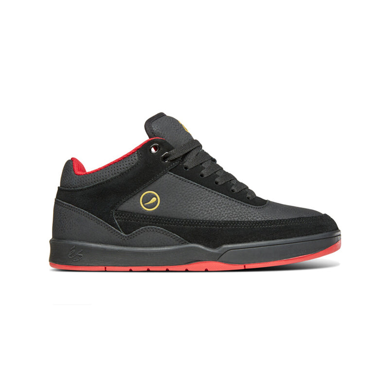 STYLYS MID X WADE DESARMO skate shoes, black and red suede, mid-top silhouette.