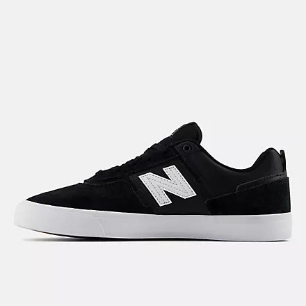 New Balance NM306BLJ skate shoe in black with white logo, durable suede and mesh upper, low-profile vulcanized outsole.