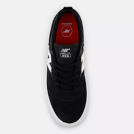 New Balance NM306BLJ Jamie Foy signature skate shoe, top view showing black suede and mesh upper.