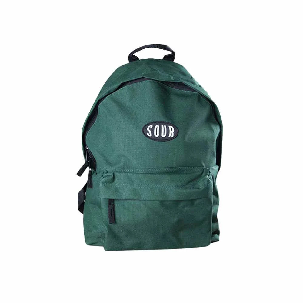 Green backpack with front pocket and "SOUR" logo.